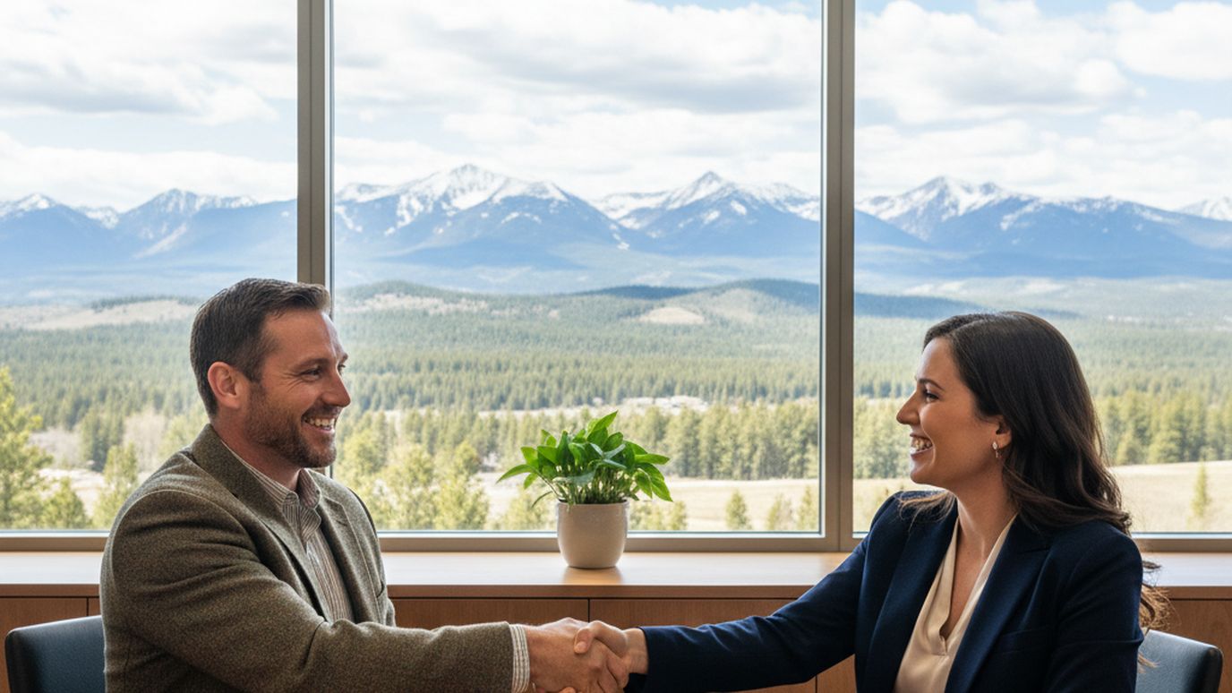 Montana small business owner and loan officer shaking hands with mountain views