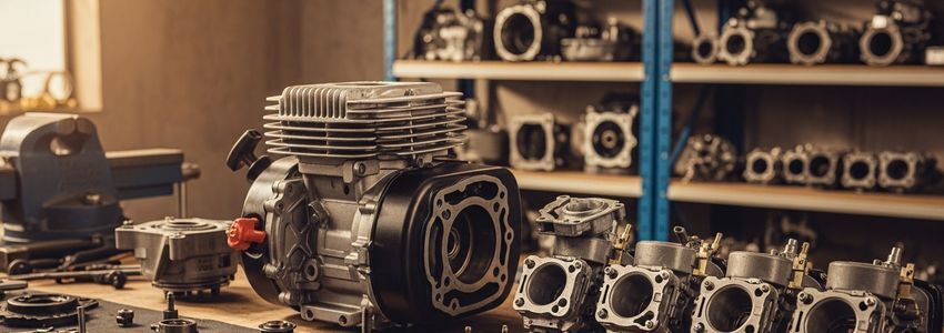 Small engine repair technicians working on outdoor power equipment in a professional repair shop