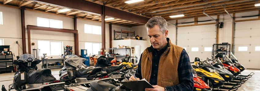A winter recreation business owner reviewing snowmobile fleet financing paperwork next to a lineup of rental snowmobiles
