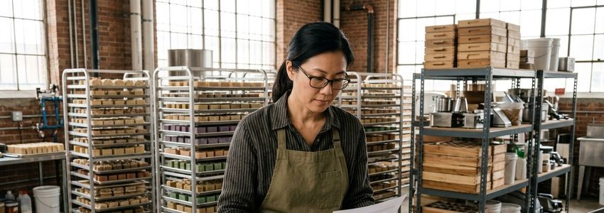 Soap business owner reviewing equipment financing paperwork in a commercial soap production workshop