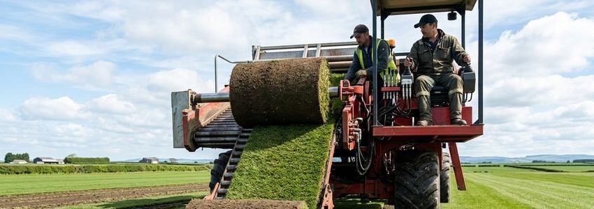 Sod farm workers operating a commercial roll harvester in a large turf field