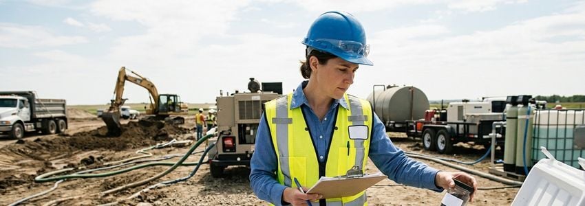 Environmental engineer reviewing soil sample data at an active remediation site