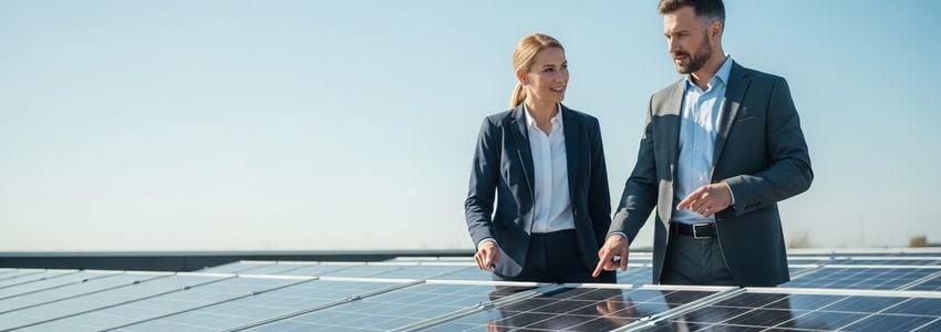 Business professionals reviewing solar panel financing options on a commercial rooftop