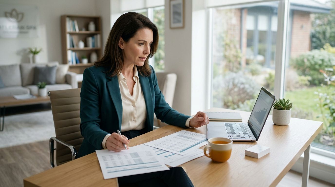 Spa owner reviewing business financing documents at a professional desk in a wellness center office
