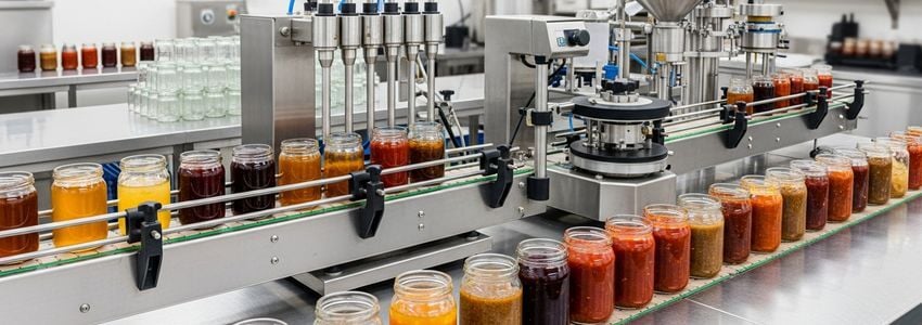 Specialty food production bottling line with artisan sauce jars - commercial food and beverage equipment financing