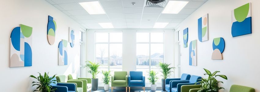 Modern speech therapy clinic waiting room with comfortable seating and natural lighting