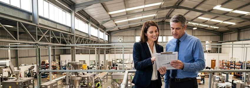 Spice production business owner reviewing equipment financing options near an industrial blending line