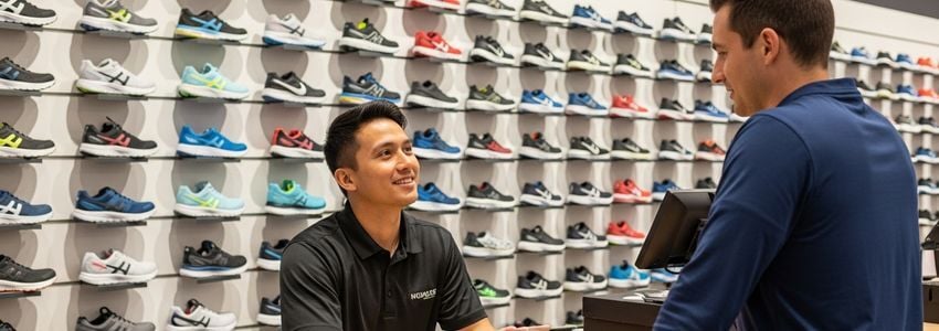 Sporting goods store associate helping a customer select athletic footwear at a sporting goods retail store