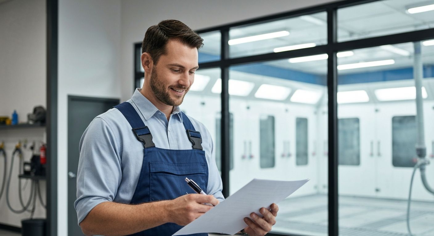 Auto body shop owner reviewing spray booth financing paperwork at desk with spray booth visible in background