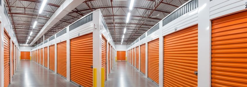Interior hallway of self storage facility with orange roll-up doors