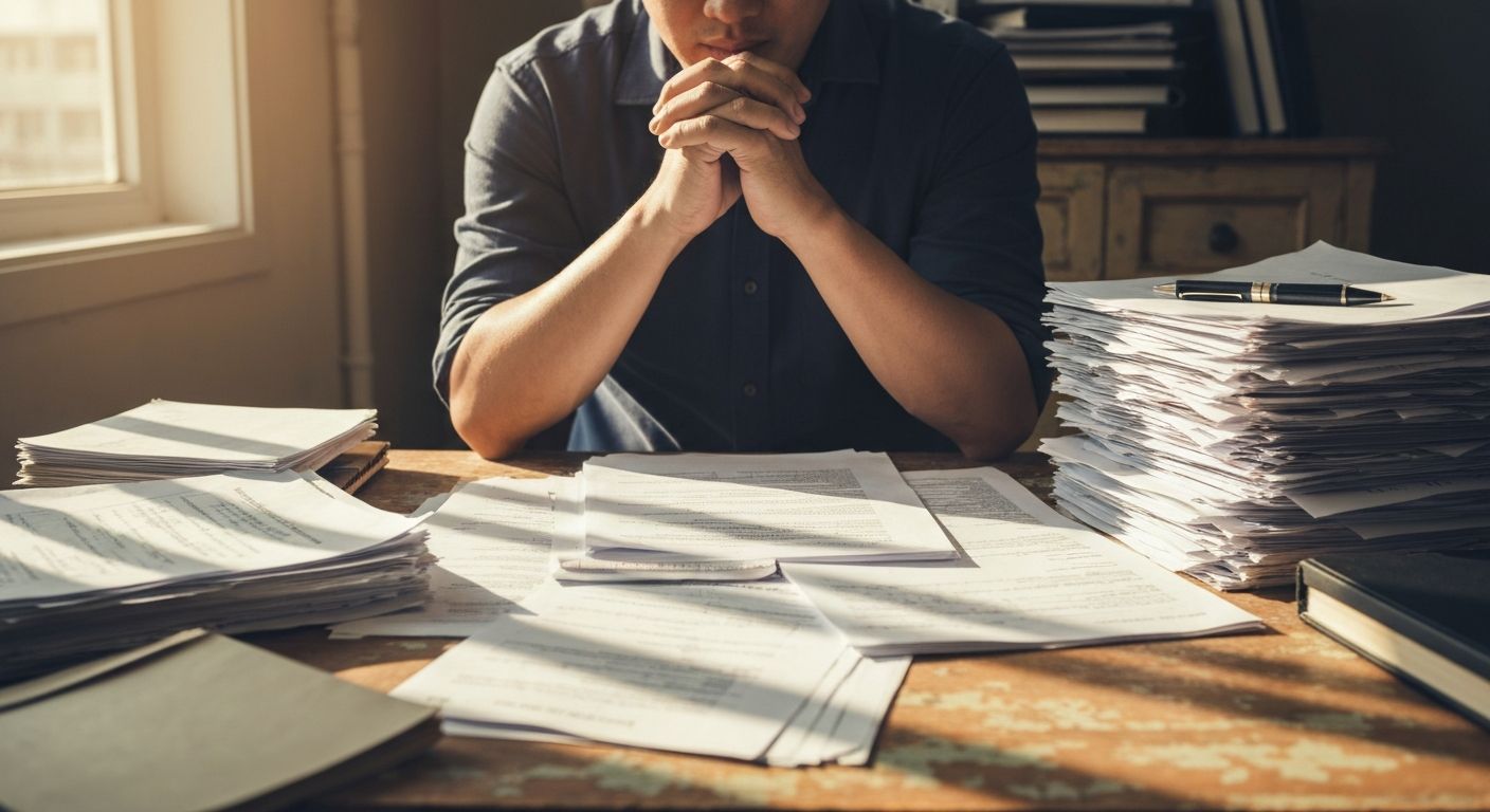 A business owner overwhelmed by multiple loan documents and stacked debt obligations