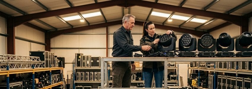 Two stage lighting rental business owners inspecting LED moving head fixtures in a warehouse