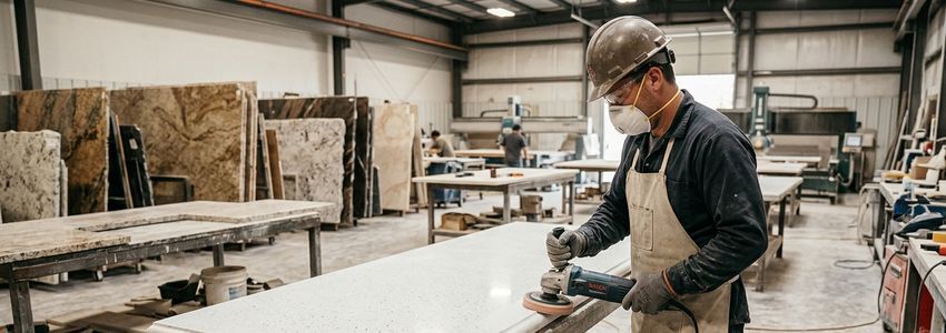 Stone fabrication shop worker polishing the edge of a quartz countertop slab
