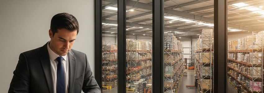Business professional reviewing storage equipment financing documents with warehouse visible in background