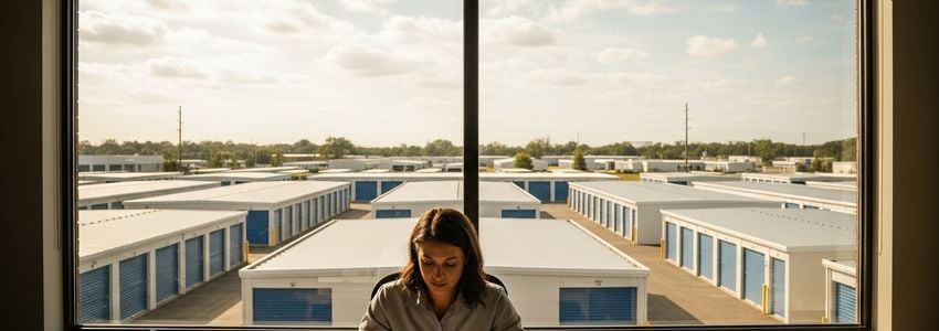 storage unit business owner reviewing financing documents at facility office