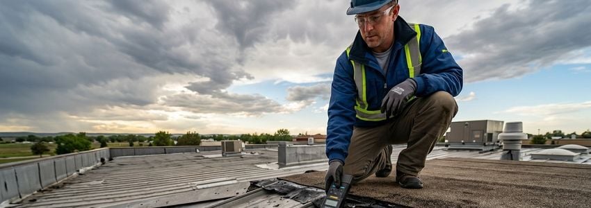 Contractors inspecting storm damage on a commercial building roof after a severe weather event