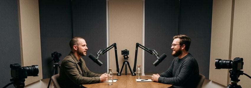 Content creator recording in a professional streaming studio with camera and lighting equipment