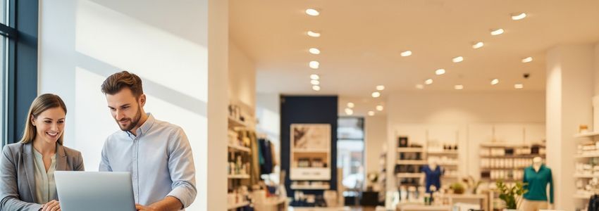 Small business owner reviewing financing options at a retail store counter