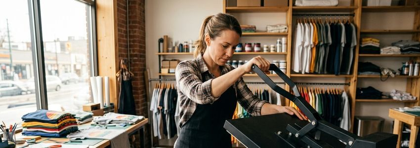 Business owner operating a sublimation heat press in a custom apparel production shop