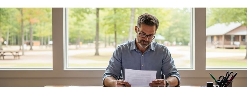 Summer camp owner reviewing financing documents at an outdoor office near a lake