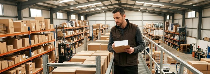 Warehouse manager reviewing inventory shipment from a new supplier in a distribution facility