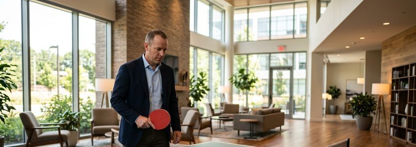 Business professional holding a table tennis paddle in a commercial hospitality lounge with a table tennis table