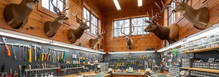 taxidermy studio owner reviewing business loan documents at a professional workspace