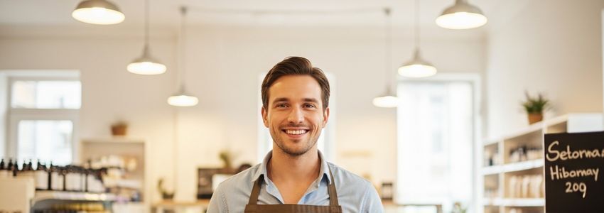 Small business owner at retail shop counter representing a business owner considering financing options