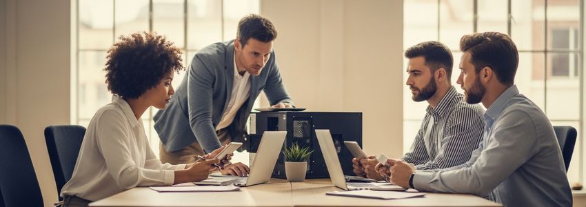 Small business team reviewing technology financing options and computer equipment in a modern office