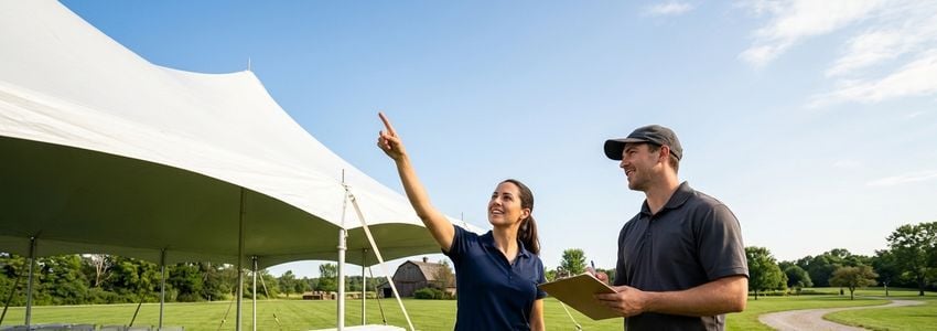 Event rental company owner and crew setting up a large white event tent and canopy structure at an outdoor venue