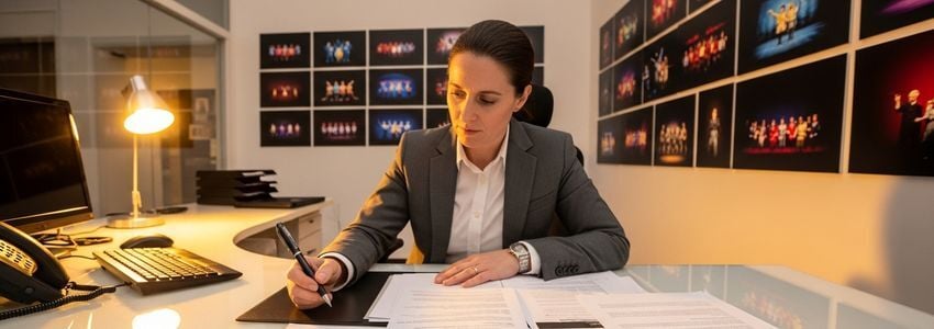 Theater company director reviewing financing documents at a production office desk with stage plans and budget spreadsheets