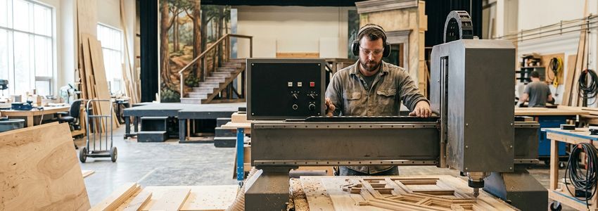 Scenic carpenters operating a CNC router and table saw while building theatrical set pieces in a well lit scenic shop