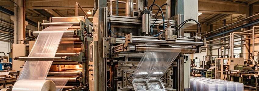 Manufacturing technician operating a thermoforming machine on a plastics production floor