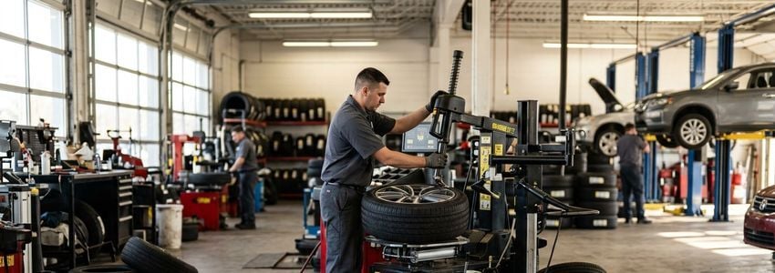 Auto shop technician operating a tire changer machine on a wheel in a professional automotive service bay