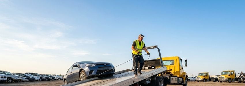 Tow truck operator reviewing fleet expansion paperwork next to a flatbed tow truck at a towing company yard
