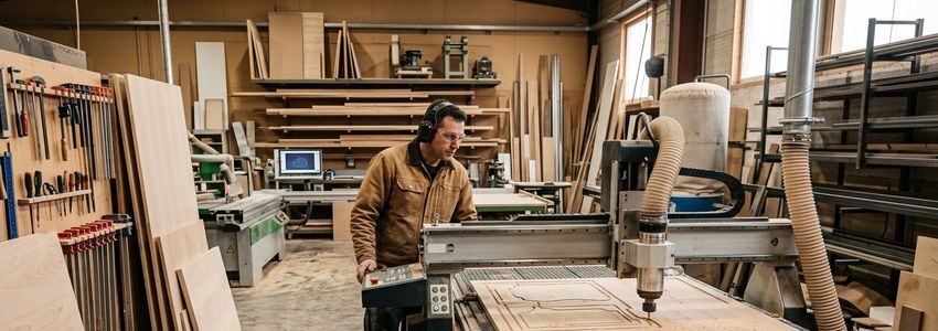 Fabrication shop worker operating a CNC router to cut custom trade show exhibit panels
