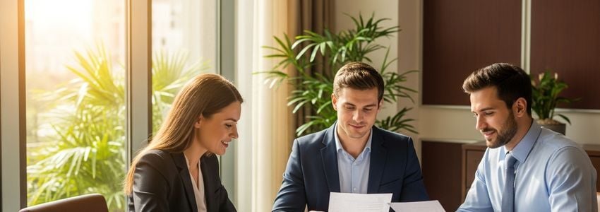 Professional business meeting at a translation and language services company discussing financing options