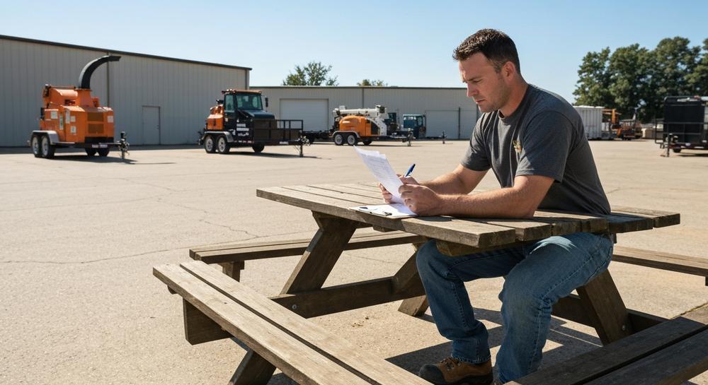 Tree service professionals reviewing business financing documents at a work site office, preparing for seasonal expansion