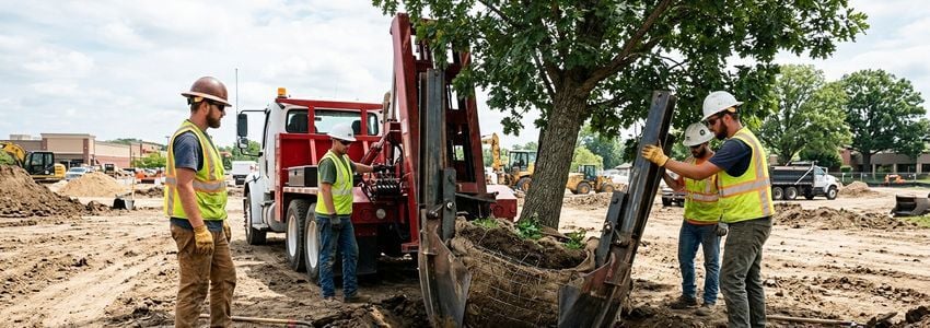 Landscape crew operating a truck-mounted tree spade to transplant a mature tree at a commercial job site