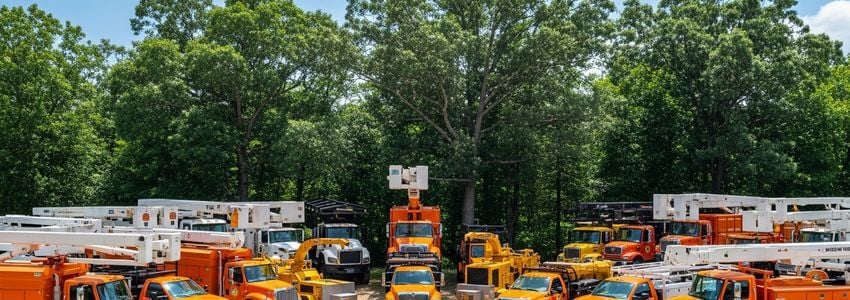 Tree trimming business fleet of bucket trucks and chippers used by professional arborists