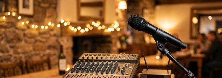 Professional audio mixing equipment and microphone set up in a warm-lit bar venue for a trivia night event