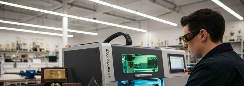 Professional operating laser engraving equipment in a trophy shop with trophies displayed in the background