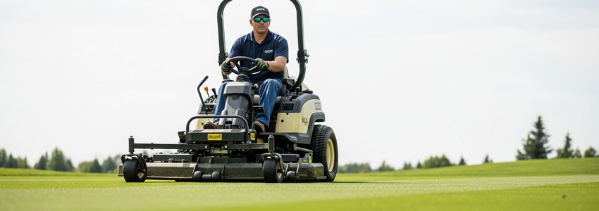 Professional landscaper operating a commercial zero-turn mower on a large turf property, turf equipment financing