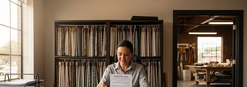 Upholstery business owner reviewing loan documents with fabric samples in background