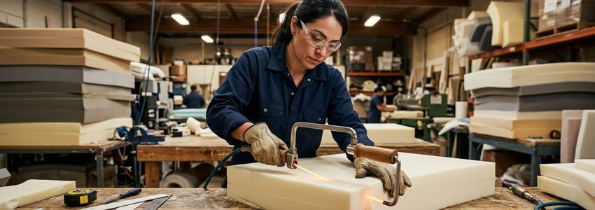 Upholstery shop worker operating a CNC foam cutting machine in a furniture manufacturing facility