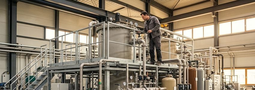 Waste oil recycling worker inspecting a collection truck tank in an industrial yard