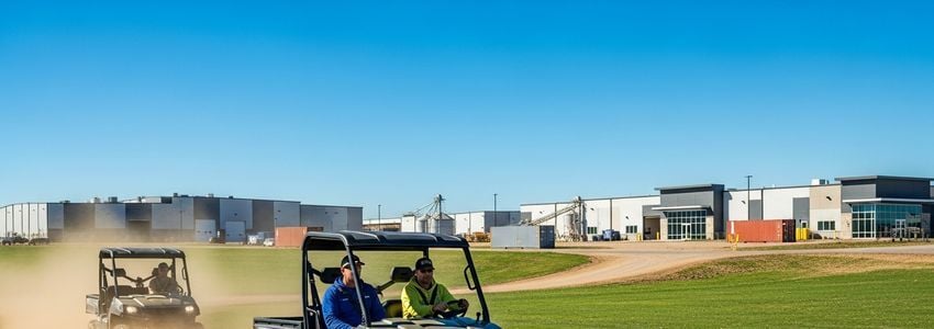 Fleet manager reviewing commercial UTV at outdoor worksite