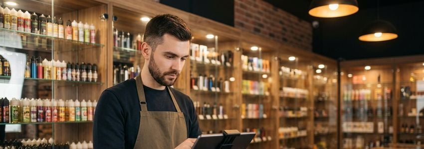 Vape shop employee using a point-of-sale tablet system at a retail checkout counter with display cases in the background