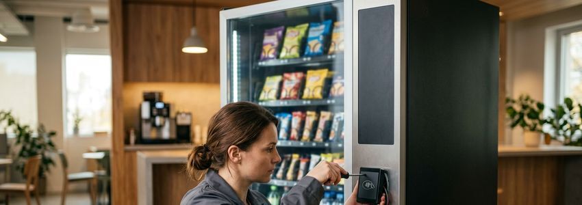 Vending machine operator installing a cashless card reader terminal on a commercial vending machine