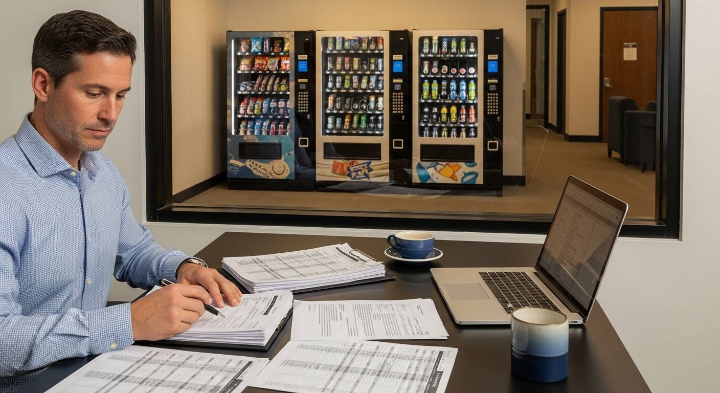Vending machine business owner reviewing financing documents at an office desk with vending machines visible in background